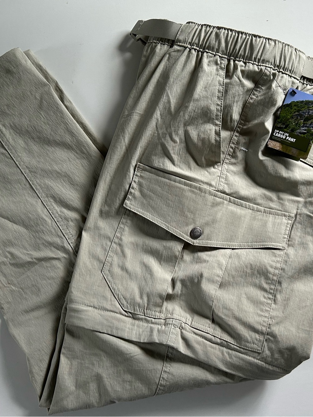Ozark Trail Men's Convert. Cargo Pants in Khaki NWT Elastic Waist, 2 in 1 -L:42”